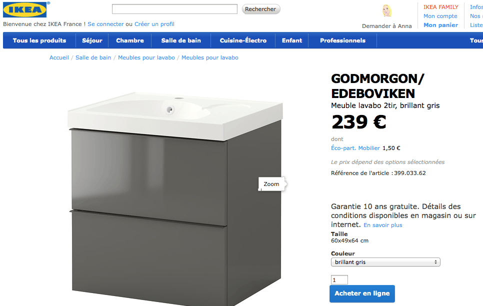 Un exemple avec Ikea&nbsp: cohérence visuelle entre le logo, le webdesign et le bouton d'achat…