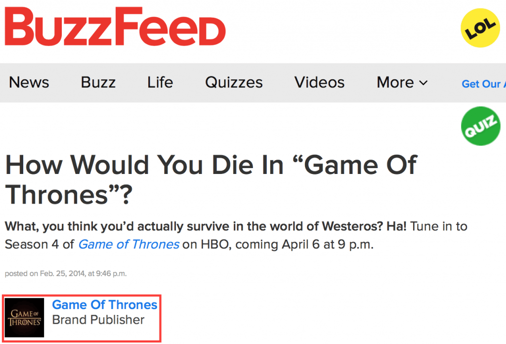 Native advertising Buzzfeed & Games of Thrones