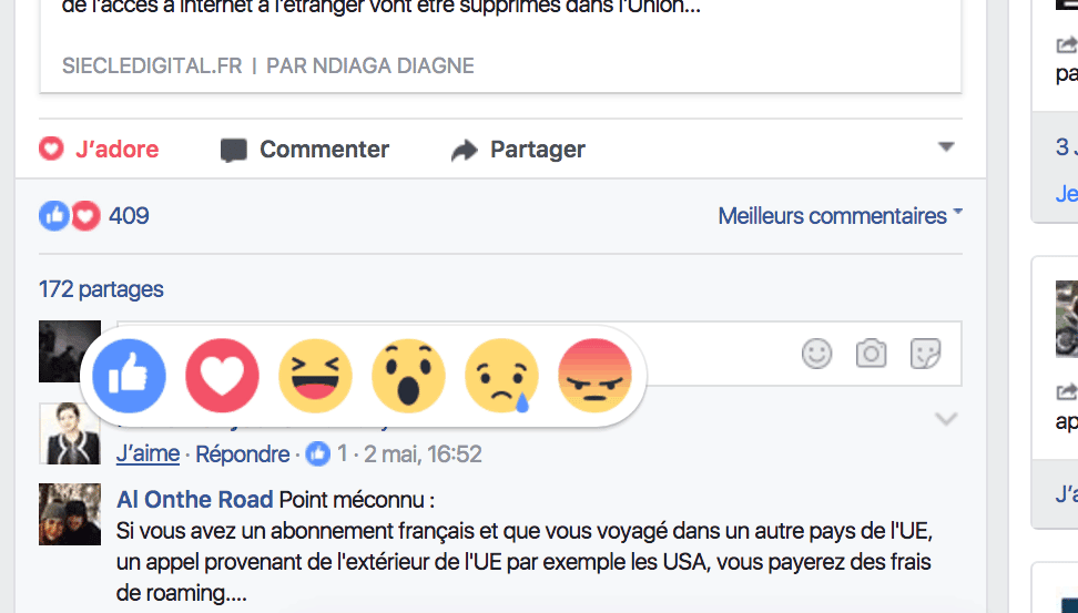 reactions facebook commentaire
