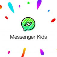Le logo de Messenger Kids sur un fond blanc avec des tâches colorées.