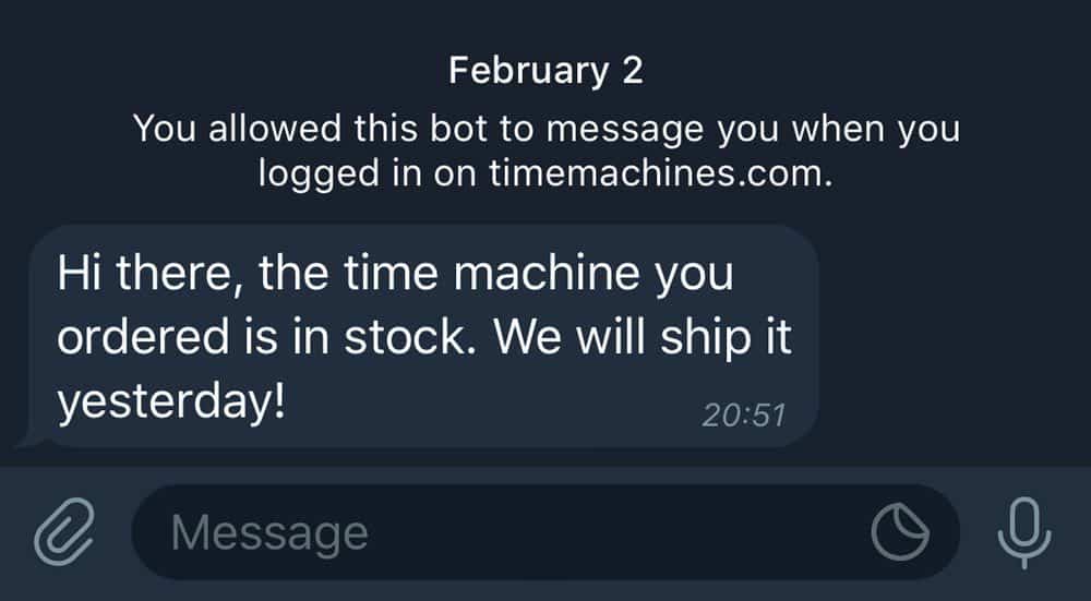 Exemple d'un message envoyé par un bot dans Telegram.