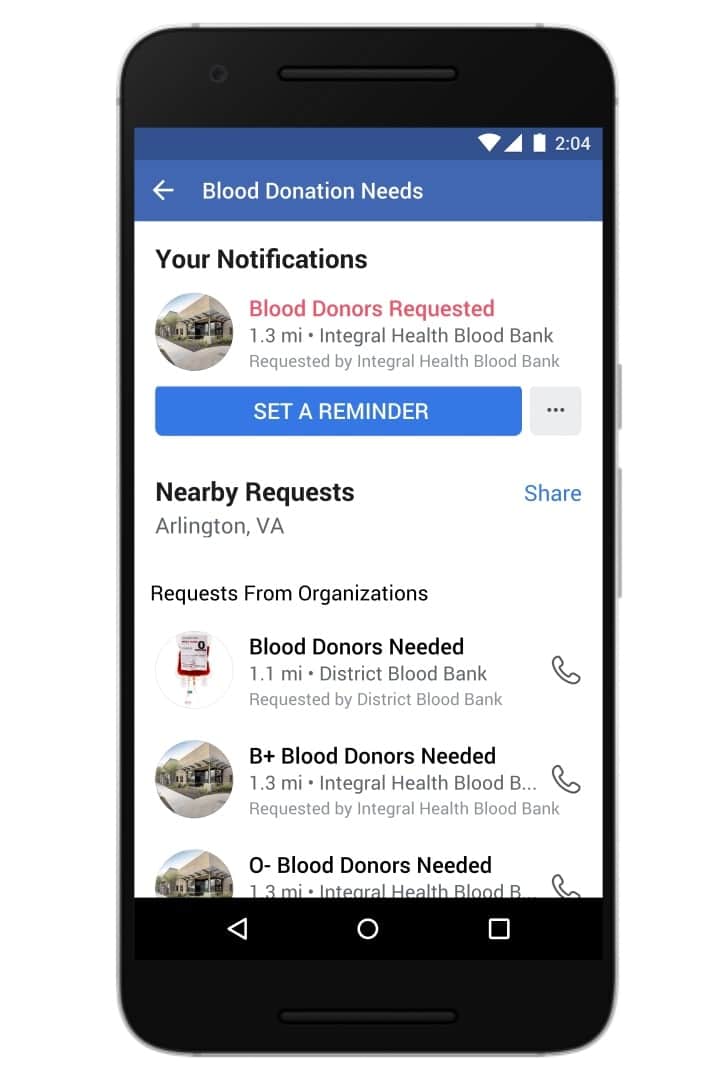 aperçu des donations de sang sur Facebook