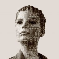 Illustration présentant une femme avec des motifs de circuits imprimés sur le corps