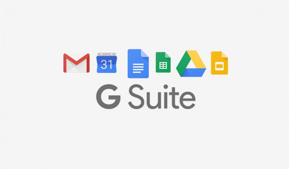 Logo de G Suite accompagné des icones de Gmail, Google Calendar, Dos, Sheet, Drive, et Slides.