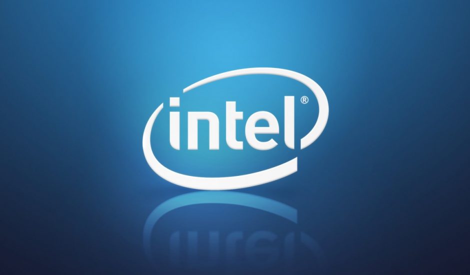 Le logo Intel sur un fond bleu.