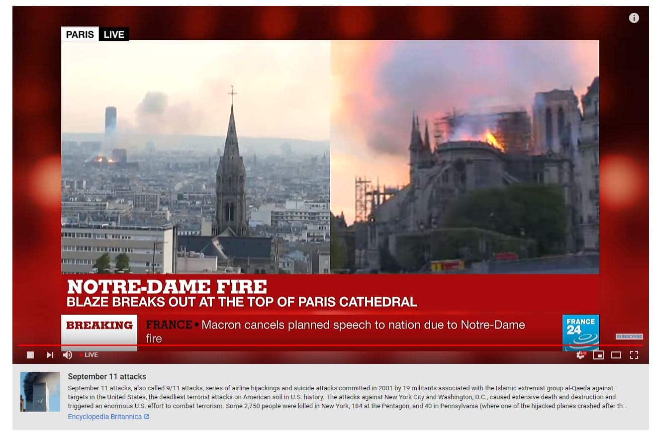 Notre-Dame en flamme relié au 11 septembre 2011 sur YouTube