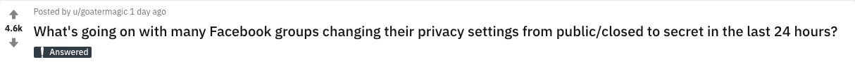 Un post Reddit sur le changement soudain des paramètres de confidentialité de plusieurs groupes facebook 