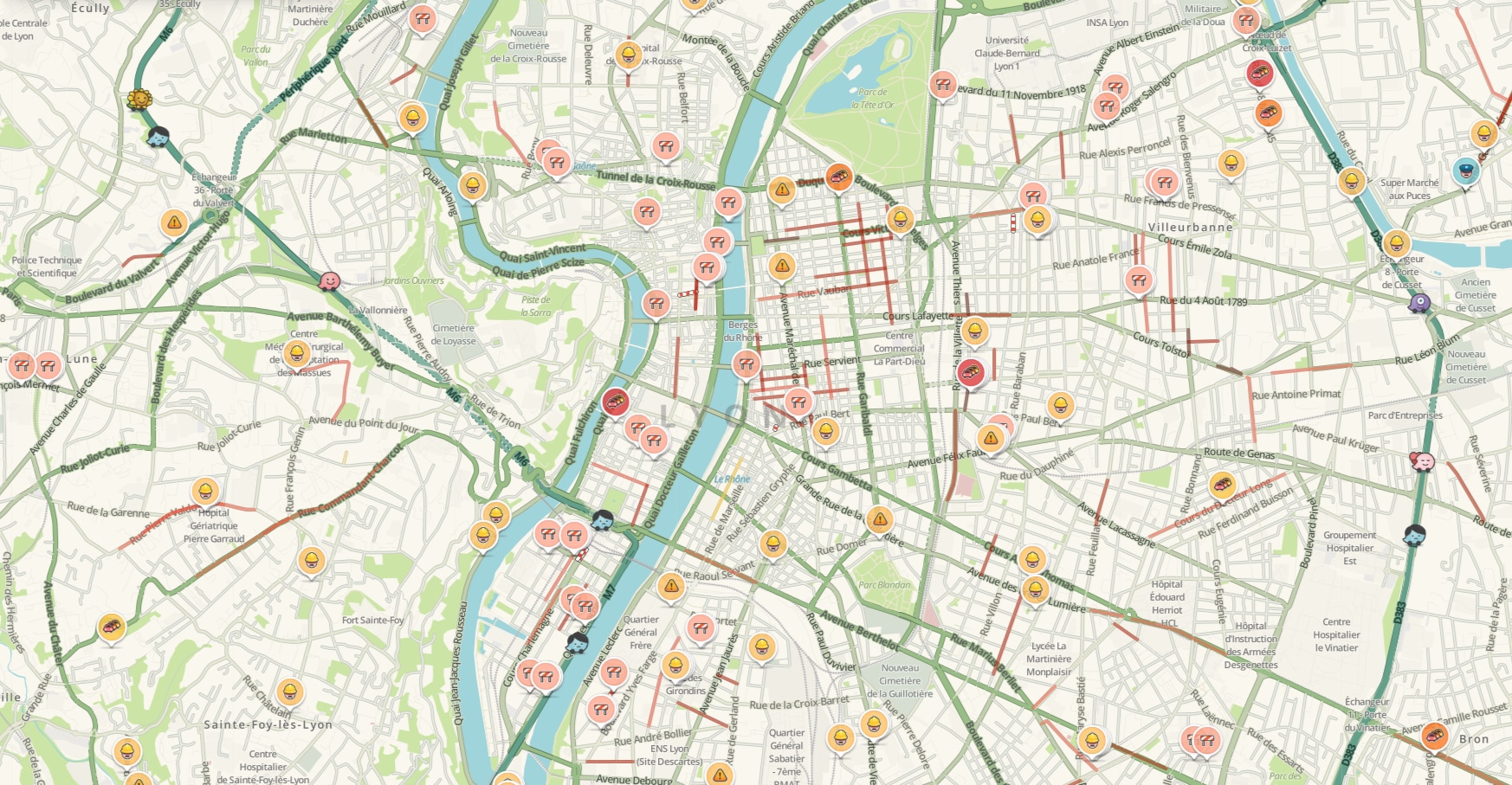 Carte en temps réel de Waze à Lyon