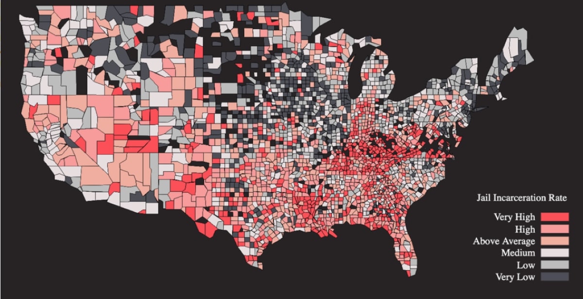 Carte des USA selon le taux d'incarcération par comté