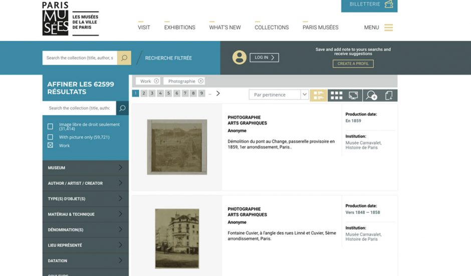 Paris Musées : l'interface du portal des musées de Paris