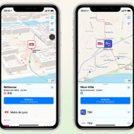 Deux smartphones affichent des itinéraires en transports en commun simulés sur Apple Plans