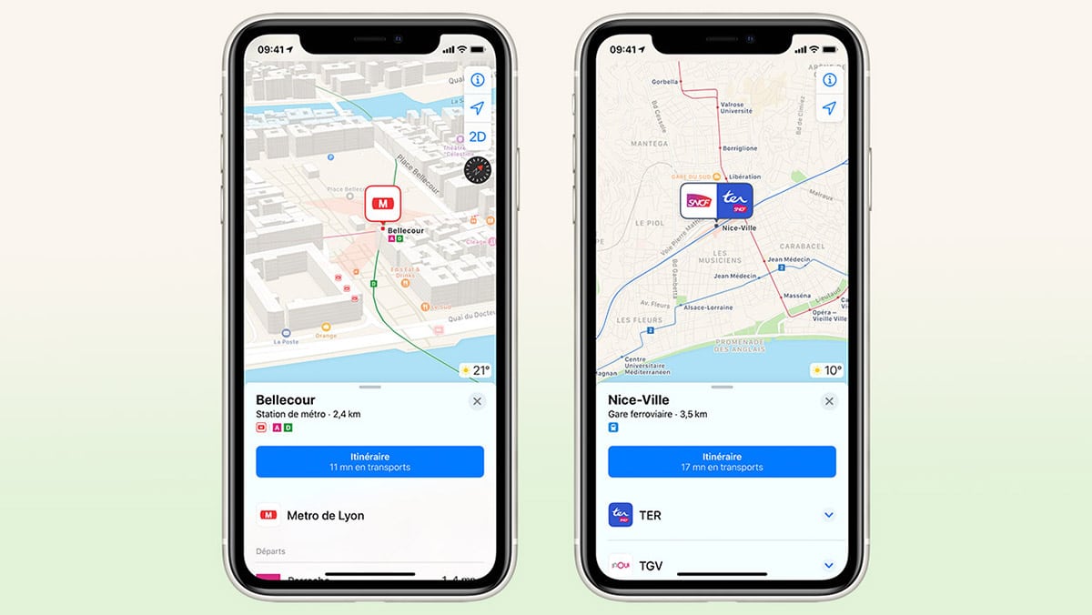 Deux smartphones affichent des itinéraires en transports en commun simulés sur Apple Plans