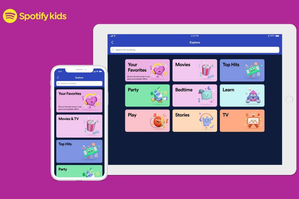 Spotify Kids : l'interface de l'application sur un iPhone et un iPad.