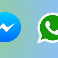 Les logos de WhatsApp et de Messenger sur fond dégradé bleu et vert.