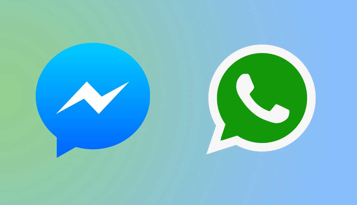 Les logos de WhatsApp et de Messenger sur fond dégradé bleu et vert.