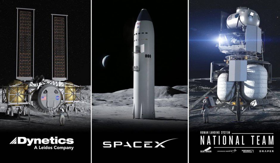 Les trois alunisseurs choisis par la NASA. De gauche à droite : celui de Dynetics, celui de SpaceX et celui de Blue Origin.