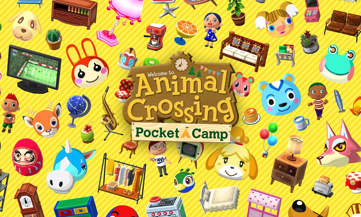 Des stickers Animal Crossing collés sur un fond jaune avec le logo au centre.