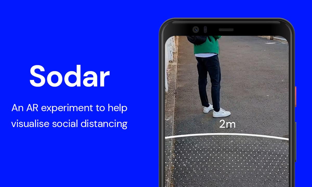Un smartphone avec l'application Sodar sur un fond bleu.