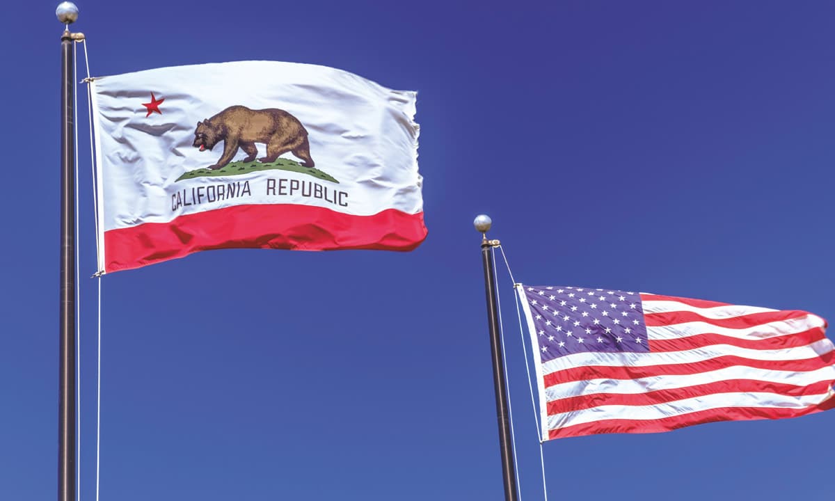 Un drapeau californien et un drapeau américain flottent dans le ciel.