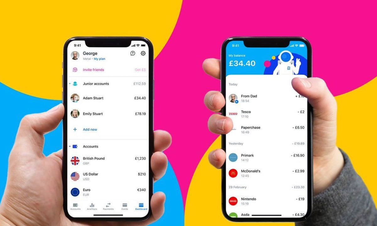 Deux smartphones affichant les interfaces de l'application "Revolut Junior" sur un fond coloré rose, bleu et jaune.