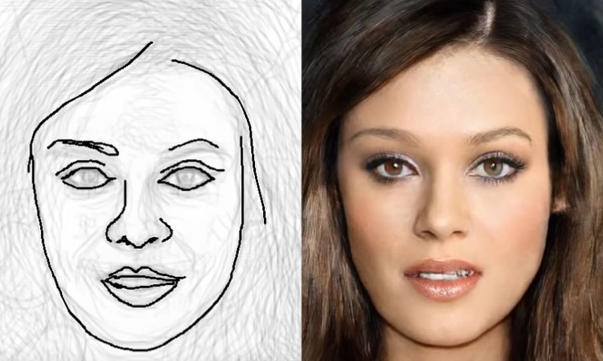Le croquis du visage d'une femme à gauche et la photographie de la même femme à droite.