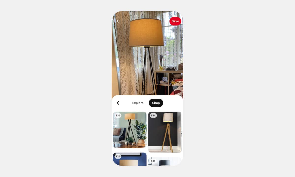 Un smartphone avec l'interface de la fonctionnalité "Shop" de Pinterest depuis Lens.