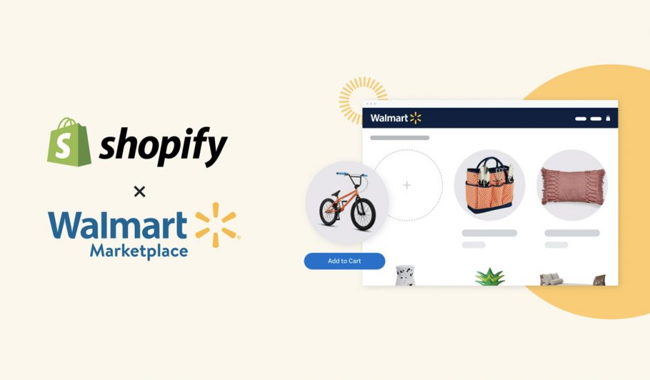 Les logos Walmart et Shopify avec une illustration de page web d'achat.
