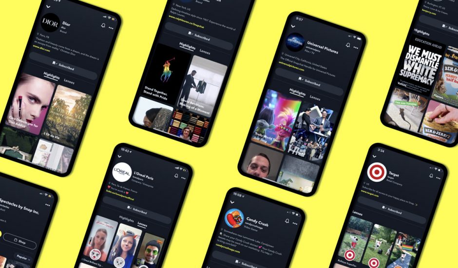 Plusieurs smartphones présentant les "Brand Profils" de Snapchat