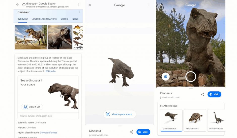 Capture d'écran de l'interface proposée par Google pour observer les dinosaures en réalité augmentée.