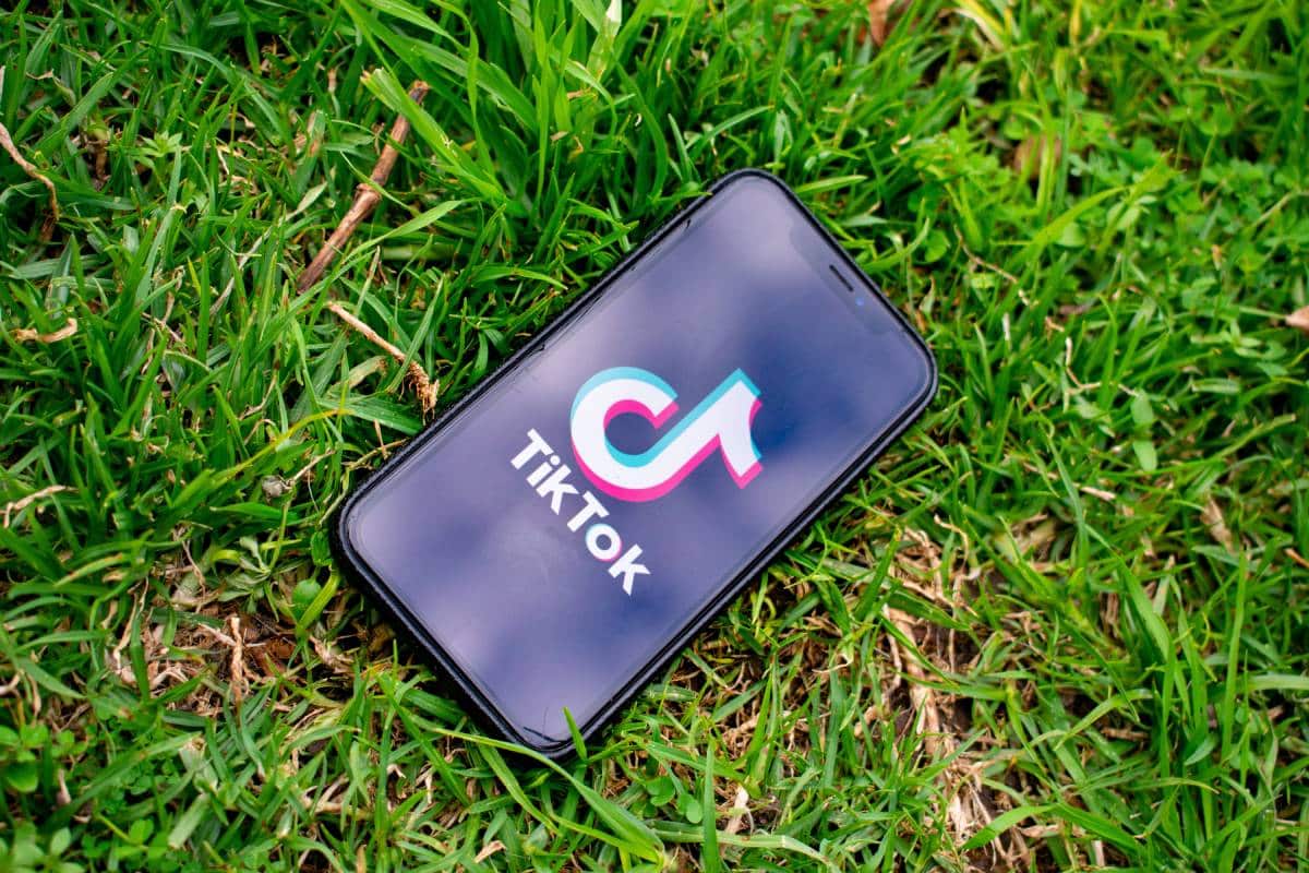Un smartphone posé sur du gazon sur lequel apparaît le logo de TikTok.