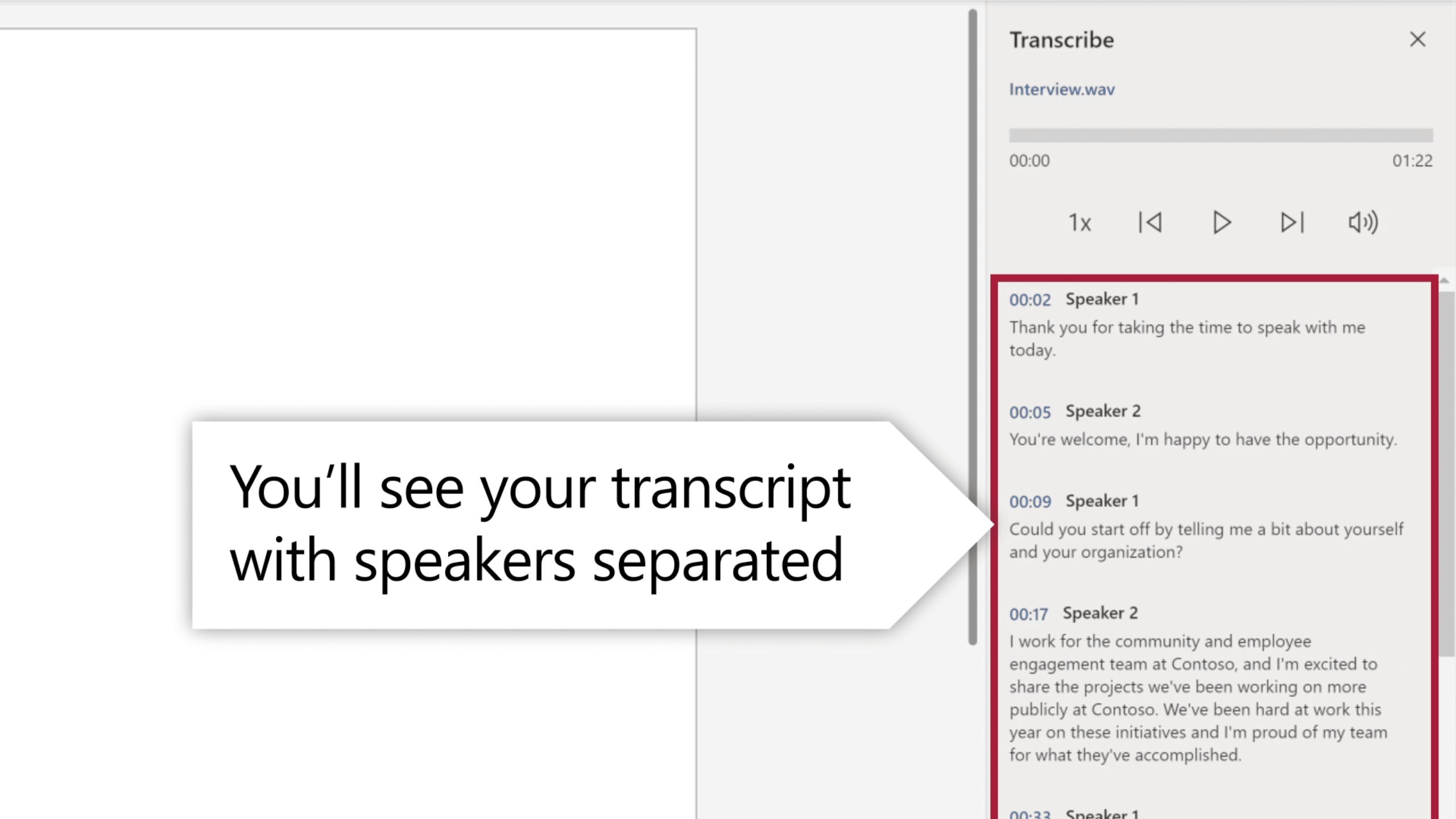 Interface de Microsoft Word lors de l'utilisation de la fonctionnalité transcription
