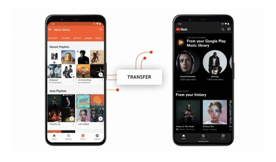 Deux smartphones effectuant un transfert entre Google Play Music et YouTube Music.