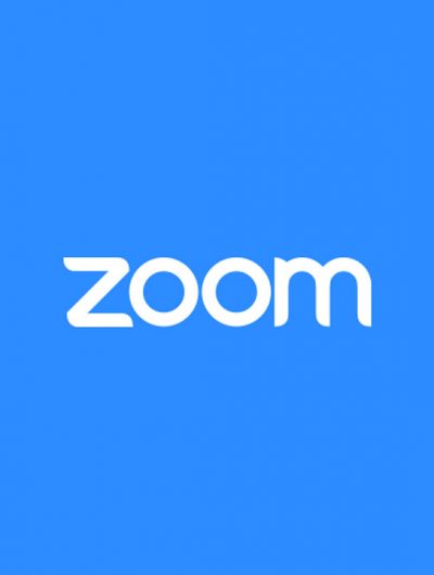 Le logo de Zoom sur un fond bleu.