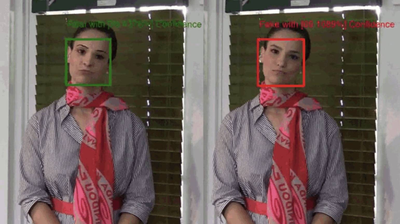 À gauche, une image authentique de femme en train de discuter, à droite la même image en deepfake.