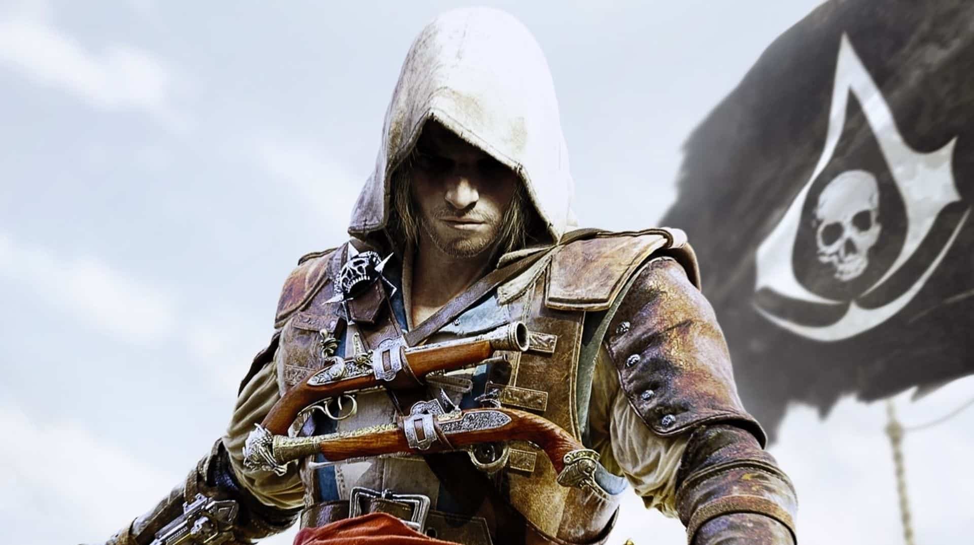 L'assassin du jeu Assassin's Creed se tient devant un drapeau pirate.