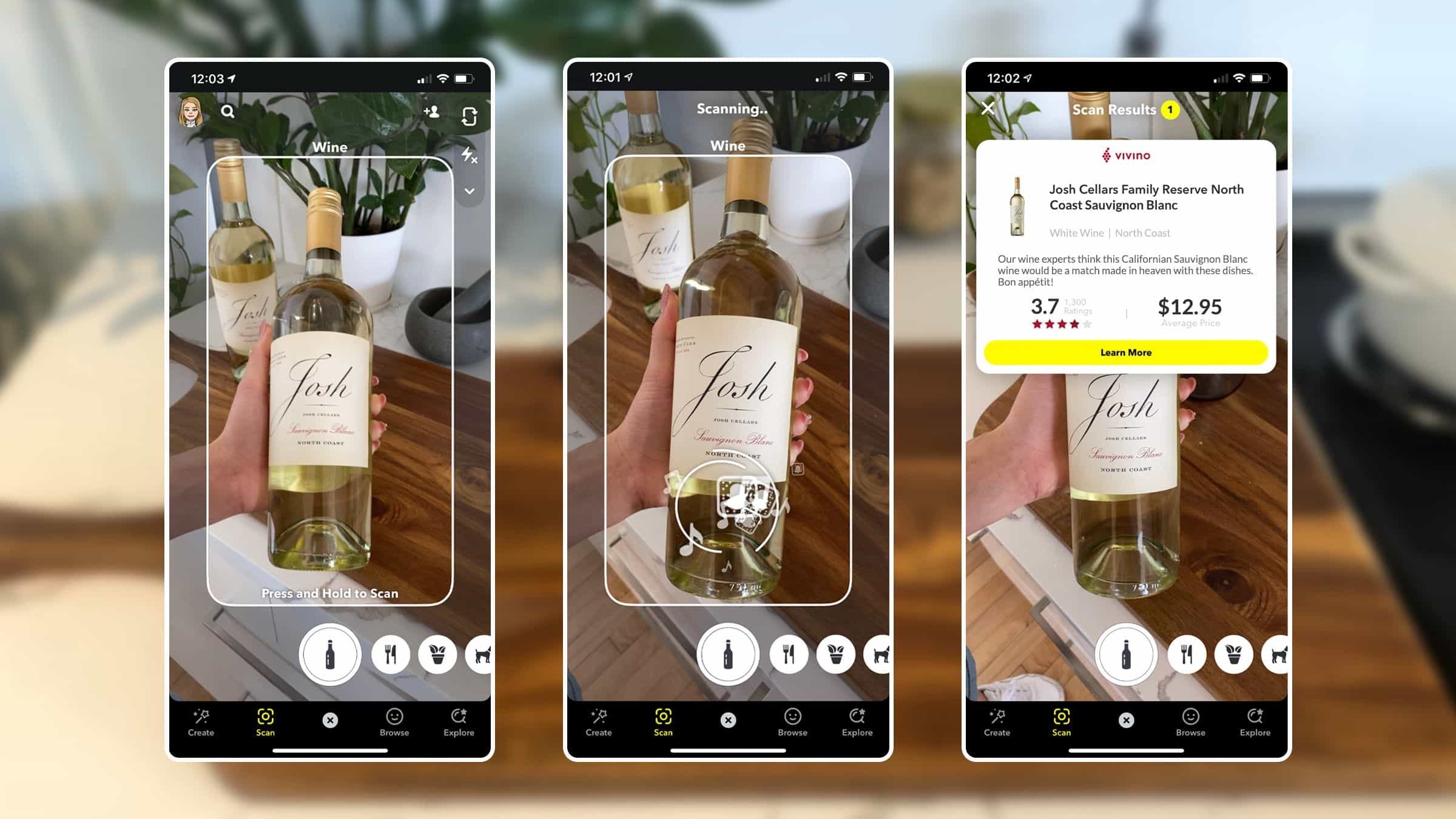 Une démonstration de la fonctionnalité pour scanner les bouteilles de vin sur Snapchat.