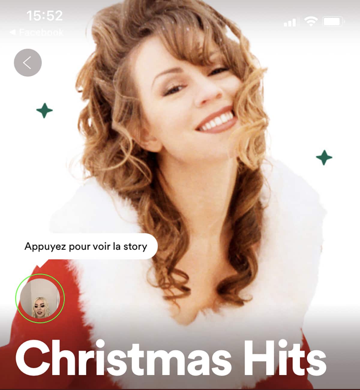 Exemple de stories sur la playlist "Christmas Hits" de Spotify.
