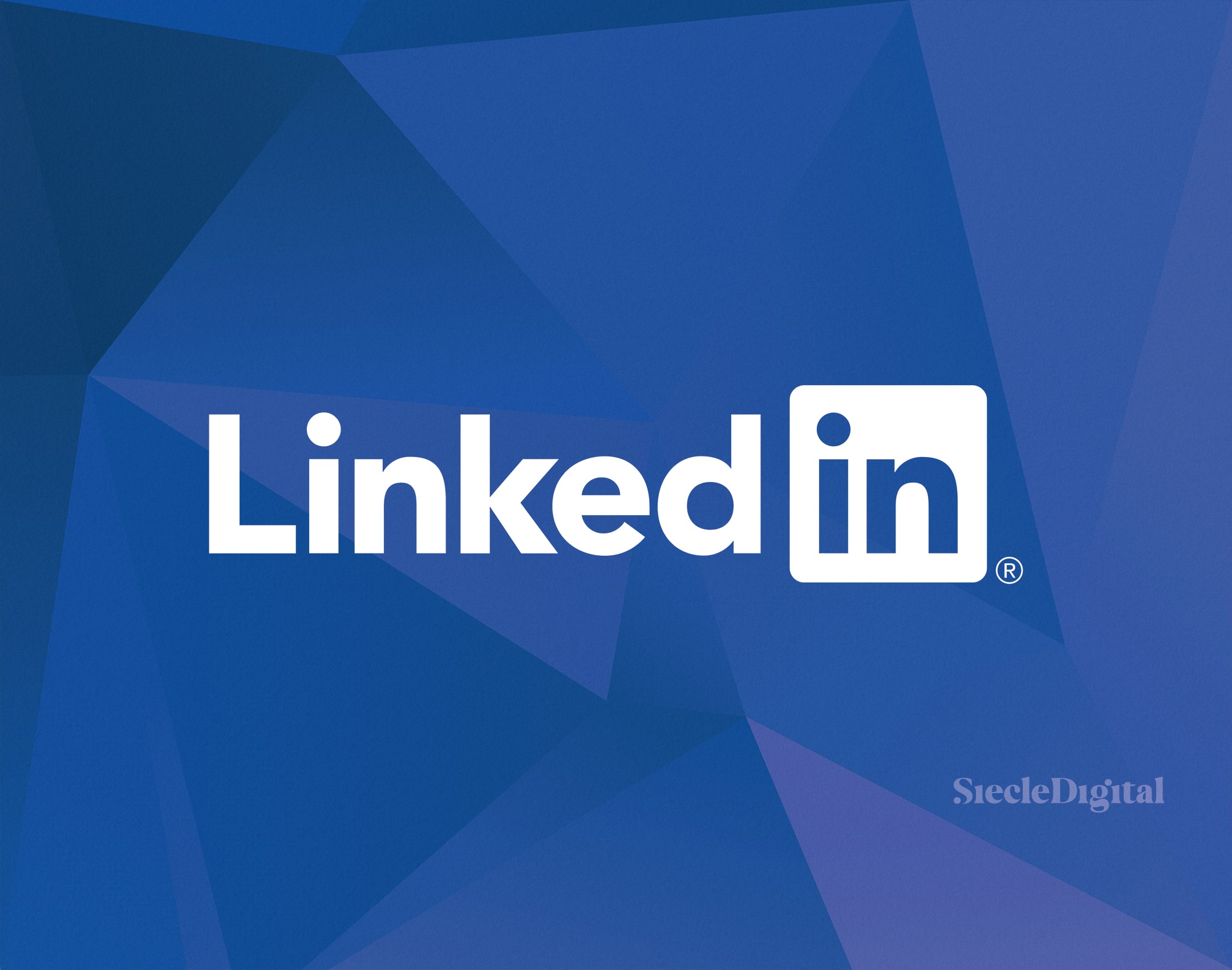 Le logo LinkedIn sur un fond géométrique bleu.