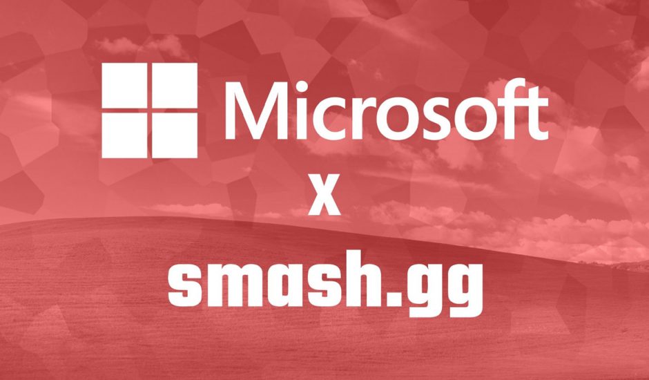 Les logos de Microsoft et de smash.gg sur un fond rouge.
