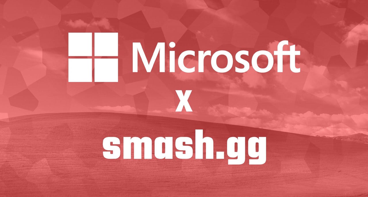 Les logos de Microsoft et de smash.gg sur un fond rouge.
