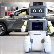 Le robot DAL-e se tient devant une voiture Hyundai.