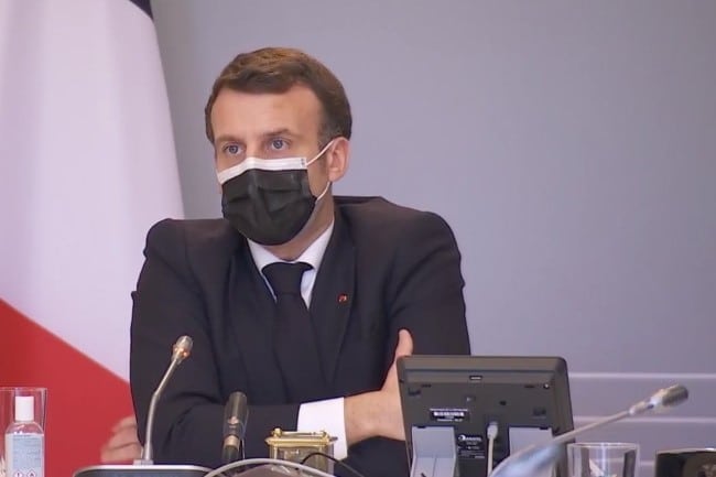 Emmanuel Macron lors de sa conférence le jeudi 18 février 2021 présentant un plan d’un milliard d’euros dédié à la Cybersécurité (Crédit Photo : Elysée)