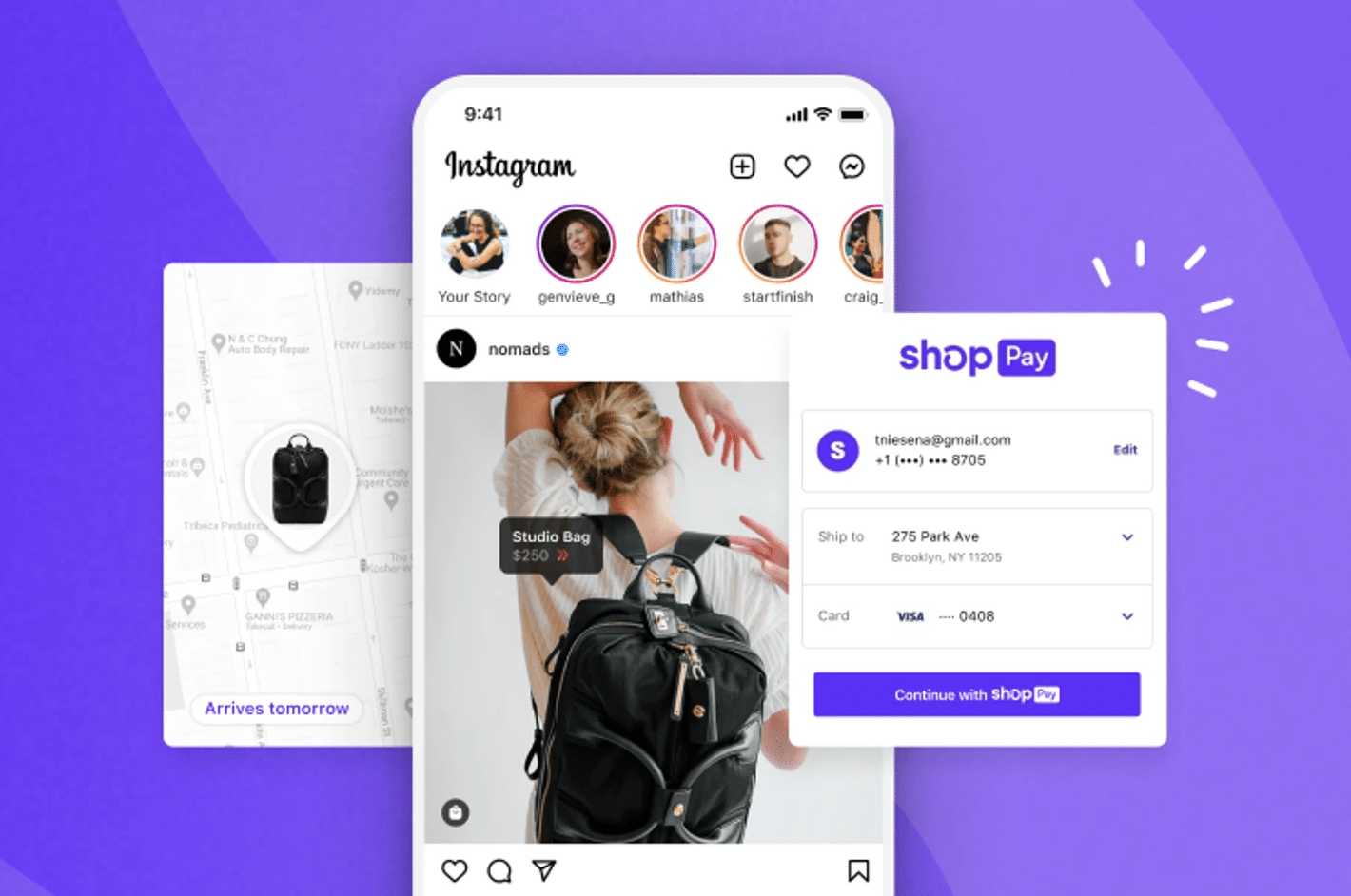 Illustration de l'utilisation de Shop Pay de Shopify dans Instagram
