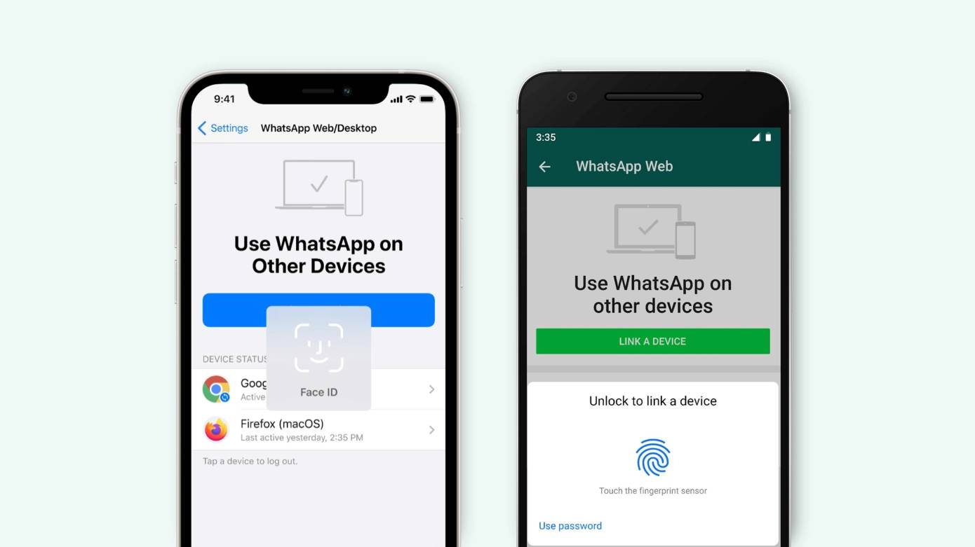 Un iPhone et un smartphone Android utilisant le système d'authentification biométrique de WhatsApp.