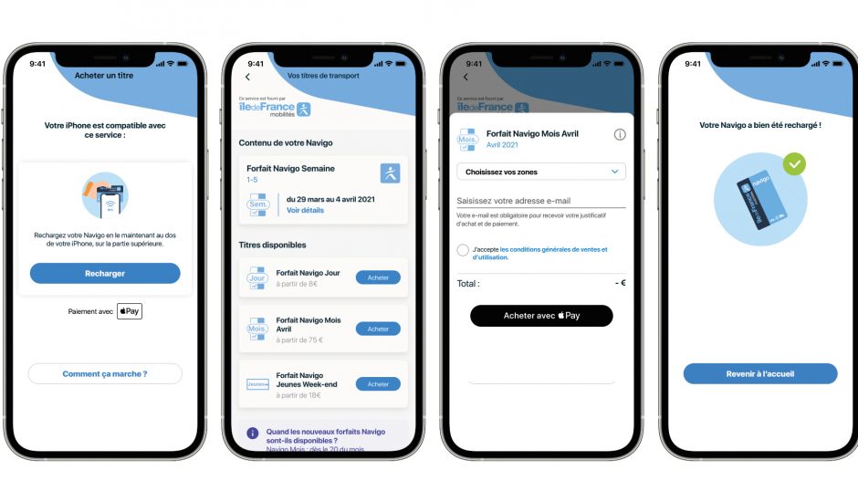 4 écrans présentant la recharge du pass Navigo sur un iPhone avec Apple Pay sur l'Assistant SNCF