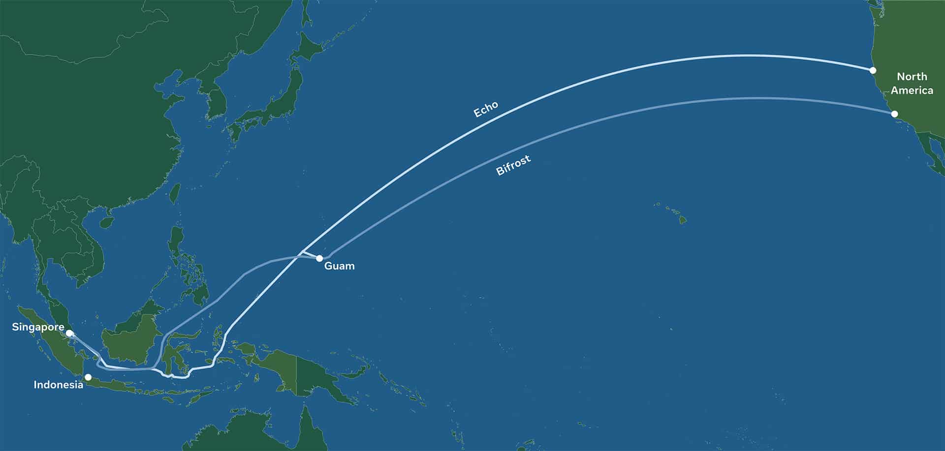 Carte des câbles Bifrost et Echo construits par Facebook et Google qui reliront l'Amérique du Nord et l'Asie du Pacifique.