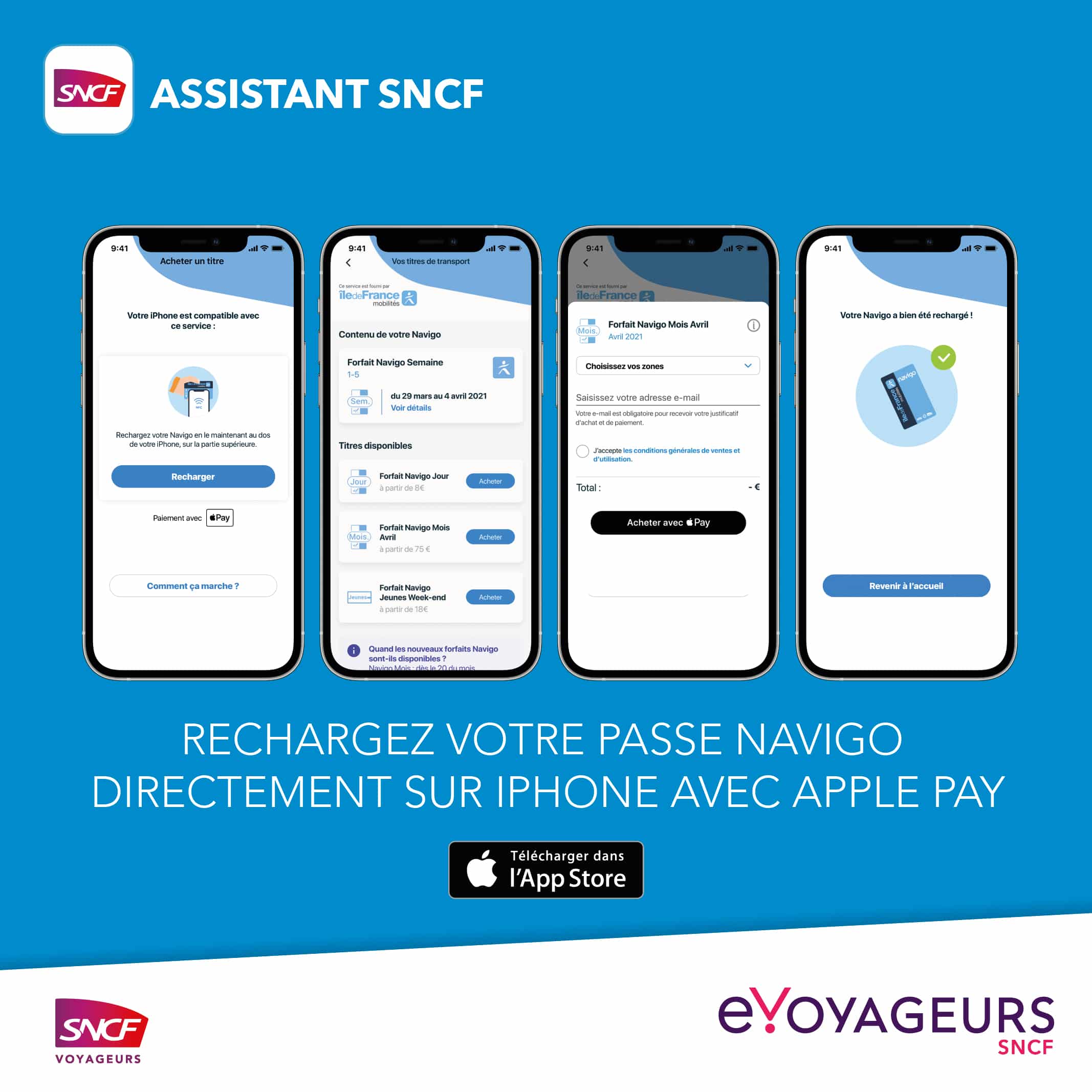 4 écrans présentant la recharge du pass Navigo sur l'Assistant SNCF depuis un iPhone