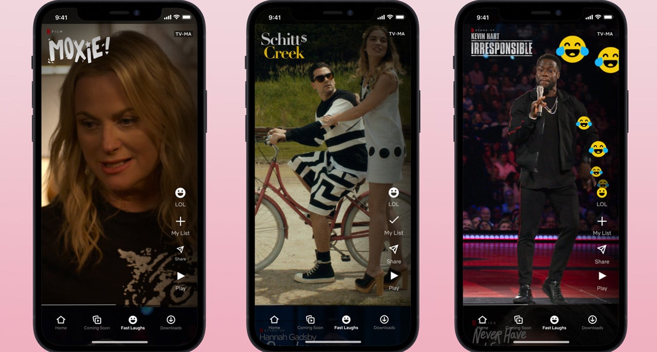 Trois smartphones montrant différentes vidéos de la section "Pour Rire" de Netflix.