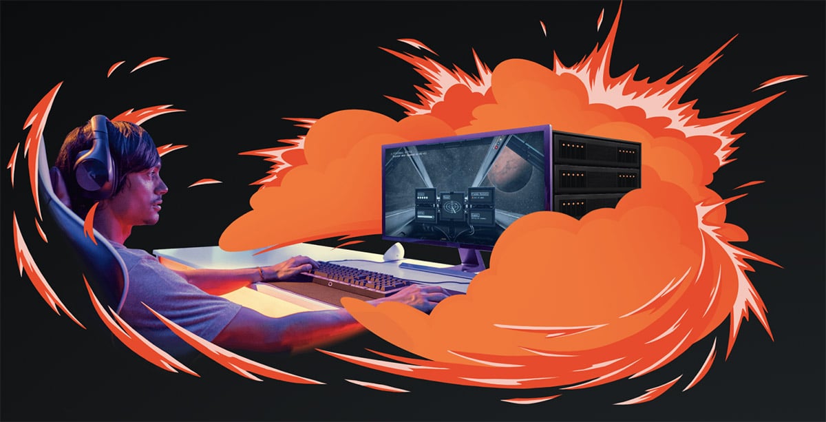 L'illustration d'un homme en train de jouer aux jeux vidéo à travers l'offre cloud computing de Shadow.