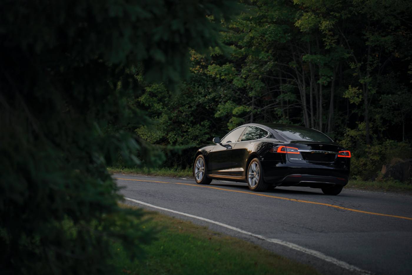 Un Model S de Tesla sur une route entourée d'arbres.